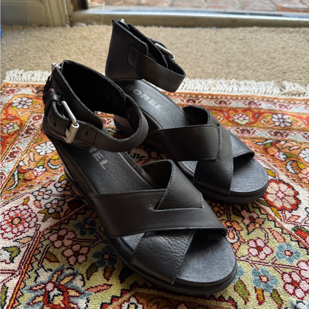 Sorel Black Leather Wedge Heels with Ankle Strap - Joanie II
